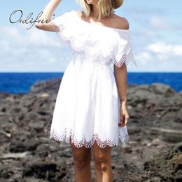 Summer Women White Party Mini Off Shoulder Slash Neck Crochet Tunic Cotton Sexy Short Vacation Beach Dress 210415