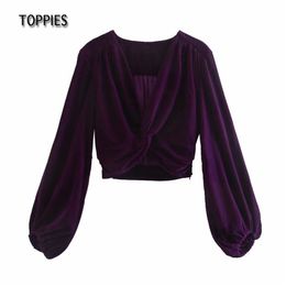 Sexy Cropped Tops Women Lantern Sleeve Blouses Vintage Velvet Shirts Front Cross V-Neck 210421
