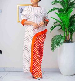 Women Two Pieces Set Polka Dot O Neck Irregual Length Tops Half Sleeves with Wide Leg Pants Summer Spring African Plus Size 210416