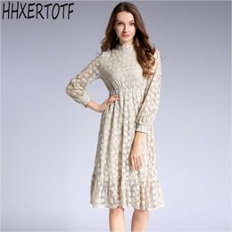 spring Dresse's Fashion Slim Sexy Floral Crochet Hollow Out Vestidos Casual long sleeve Lace Dress 210531