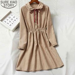 Elegant Corduroy Dresses For Autumn Loose Vintage A-Line Bow Bodycon Mini Women Dress Vestidos 12013 210417