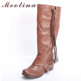 Meotina Winter Knee High Boots Women Tassel Buckle Square Heel Tall Boots Slip on Round Toe Shoes Ladies Autumn Large Size 34-43 210608