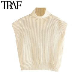 TRAF Women Fashion With Shoulder Pads Cropped Knitted Sweater Vintage High Neck Sleeveless Female Pullovers Chic Tops 210415