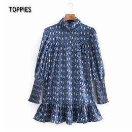 Toppies Spring Autumn Dress Fashion Polka Dot Chiffon Blue Dress High Collar Long Sleeve Casual Loose Womens Clothing 210412