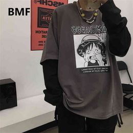 2020 Fashion Thin Fake Two-Piece Anime Long-Sleeved T Shirt Streetwear Kpop Couple Clothes Hip Hop One Piece Print Tops Male Y0322