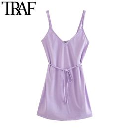 TRAF Women Sexy Fashion With Belt Wrap Mini Dress Vintage V Neck Backless Double Thin Straps Female Dresses Vestidos Mujer 210415