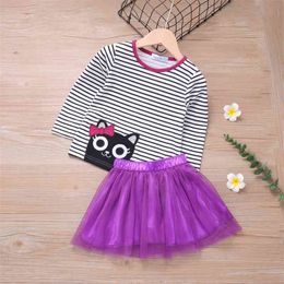 Girls Clothing Set Autumn Kids Cute Cat Long Sleeve + Skirt 2Pcs Toddler Children Sets 210528