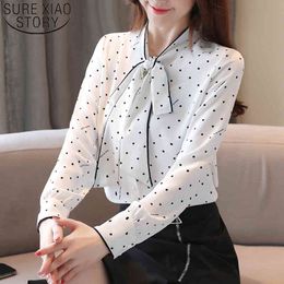 Blusas Femininas Elegant Womens And Blouses Ladies Tops For Women Shirts White Chiffon Full Button Dot Bow 5711 50 210415