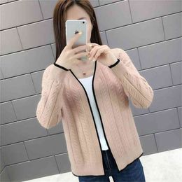 Loose Long-sleeved Knitted Cardigan Sweater Female V-Neck Twist Stripes Simple Style Fashion Women Spring Autumn 210427