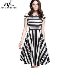 Nice-forever Vintage Stripe Print Casual Summer vestidos Business Party A-Line Swing Flare Women Dress btyA153 210419