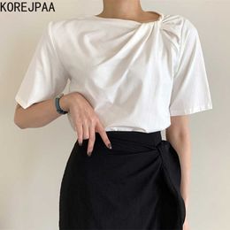 Korejpaa Women T-shirt Summer Korean Fashion Elegant Casual Irregular Round Collar Kink Casual Short-sleeved Tee Top Woman 210526