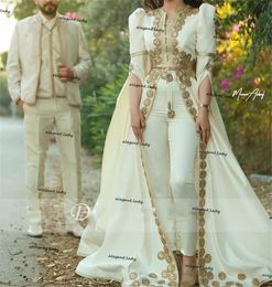 Moroccan Caftan Jumpsuit Evening Dresses Ivory champagne Lace Appliques cape Long Sleeve Off Shoulder arabic Prom Dress with pant suit