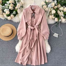 Autumn Winter Dress with Bow Solid Colour Turn-Down Collar Korean Japan Puff Sleeve Retro Bellflower Female Vestidos GX1189 210506