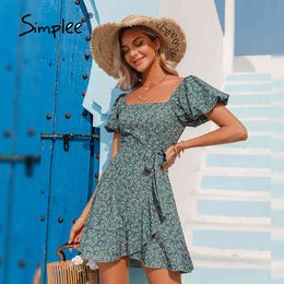 Green Floral Print Square Neck Beach Sundress High Waist Puff Sleeve Summer Women Dress Casual Short Vestidos 210414