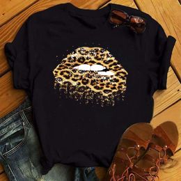 Maycaur Funny Big Lips Leopard Print Shirts Women Summer Short Sleeves T-shirt For Lady Shirt Harajuku O-neck Top Tees Female