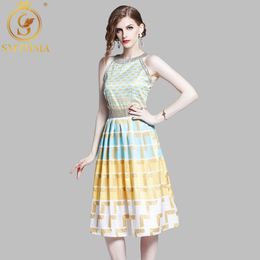 Fashion Runway Summer Dress Women's Geometric print sleeveless dress Casual Pleated holiday 210520