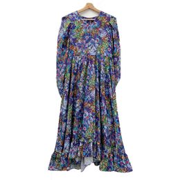 PERHAPS U Women Vintage Purple V-neck Floral Print Puff Sleeve Long Sleeve Empire Ruffle Asymmetrical Midi Dress Spring D2457 210529