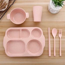 6Pcs Eco-Friendly Wheat Straw Dinnerware Set Solid Colour Children Dishes Kids Plate Bowl Tableware 211026