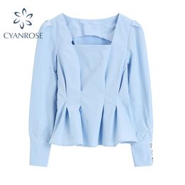 Korean Style Blouse Women Blue&White Solid Lantern Long Sleeve Square Collar Shirt Female High Waist Slim Elegant Office Tops 210417