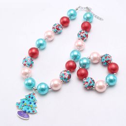 Fashion blue christmas tree pendant necklace baby multicolor chunky bubblegum beads necklaces diy handmade jewelry for girls kids party