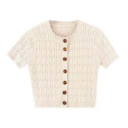 Beige Button Knitted Top Short Cropped Sleeve Crew Neck Solid Summer Sexy Casual B0694 210514