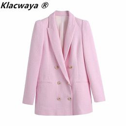 Women Vintage Pink Texture Tweed Blazer Coat Office Ladies Long Sleeve Suits Female Outerwear Chic Tops 210521