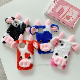 3D Cow Hair Plush Cases For iPhone 13 Mini Pro Max 12 11 XR XS X 8 7 6 Plus Fluffy Rabbit Genuine Fur Fuzzy Girl Lady Soft TPU Animal Ear