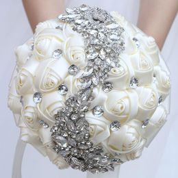 Wedding Flowers Bouquets Crystal Satin Holding Artificial Ribbon Bridal Bridesmaid Diamond Bouquet Flores De Boda W445 on Sale