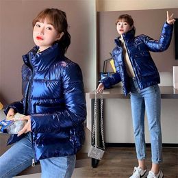 Autumn Winter Women Parkas Jackets Casual Stand Collar Shiny fabric Thick Warm padded Coats Female Outwear 211013