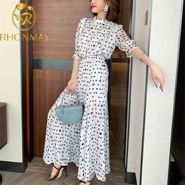 Fashion Women Polka Dot Trousers Suit Summer Chiffon O Neck Ruffles Shirt + Holiday Ladies Pleated Wide-Leg Length Pants Set 210506