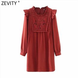 Women Vintage Hollow Out Embroidery Casual Straight Female Agaric Lace Patchwork Vestido Ruffles Mini Dress DS4977 210416
