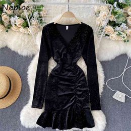 Neploe V Neck Long Sleeve Pullover Dress Women High Waist Hip Drawstring Design Skinny Vestidos Bling Party Black Robe Winter 210423
