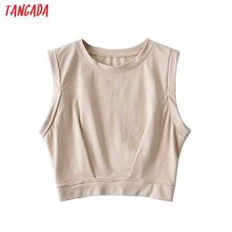 Tangada Women Solid Khaki Crop Cotton Tank Top Sleeveless Ladies Casual Tee Shirt Street Wear Top 2B21 210609