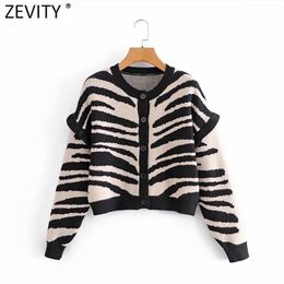 Women Vintage Long Sleeve Ruffles Casual Short Knitted Sweater Female Zebra Striped Chic Outwear Cardigans Tops S529 210420