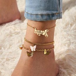 3pcs/set Butterfly Women Chain Anklet Anklets Bracelets With Words Angel Sexy Barefoot Sandal Beach Foot Chains Bracelet for Lady Party Jewelry Gift