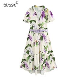 Women Elegant Fashion With Belt Floral Print Long Dress Vintage Short Sleeve Buttons Shirt Dresses Female Chic Vestidos 210531