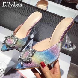 Eilyken Crystal Women Pumps Sandals Elegant Pointed Toe Rhinestone High Heels Shoes Bling Crystal Perspex Spike Heeled Mule C0410