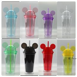 8colors 15oz Acrylic tumbler with dome lid plus straw double Wall Clear Plastic Tumbler with Mouse Ear Reusable cute drink cup LLB12288