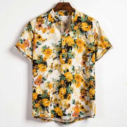 Mens Shirts Holiday Classic Cotton Tropical Plants Print Blouse Men Caseal Loose Breathable Short Sleeve Henley Shirt 210527