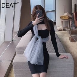 Hollow Out Elastic Knitted Sheath Dress With Mesh Long Sleeve Solid Knee Length Fashion Tide Spring GX074 210421