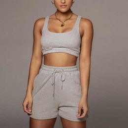 Kliou Casual Solid Sportswear Two Piece Sets Women 2021 Crop Top And Drawstring Shorts Matching Set Summer Athleisure Outfits Y0702