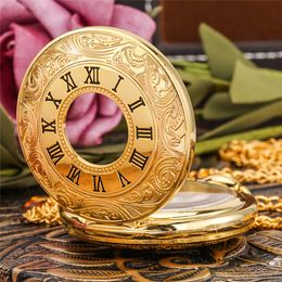 Exquisite Luxury Yellow Gold Pocket Watch Vintage Carving Roman Number Case Quartz Analogue Display Necklace Chain Clock Reloj Gift2618