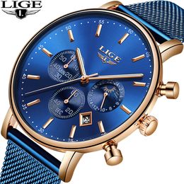 LIGE Watches Mens Top Brand Luxury Blue Casual Mesh Belt Fashion Quartz Watch Mens Waterproof Sports Watch Relogio Masculino 210527