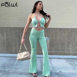 FQLWL Summer Solid 2 Two Piece Sets Women Outfits Hollow Out BacklCrop Top Ruched Flare Pants Suits Clubwear Matching Sets X0709