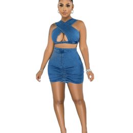 Leisure Vacation Denim Two Piece Outfits Women Skirt Sets Hollow Out Crop Top Bodycon Sexy Dress Party And Club Wear 210525