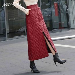 Autumn Winter Down Cotton Zipper Warm Skirts Women Fashion High Waist A-Line Skirt Plus Size 4XL Falda De Mujer 211120