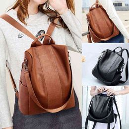New Fashion Women Anti-Theft Backpack Vintage Leather Backpacks for Teenager Girls Preppy School Bagpack Female Travel Bags 2021 Y1105