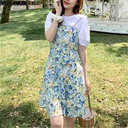 Summer Fake Two Pieces Printed Dress Women Short Sleeve O-neck A-line Mini Dresses Korean Elegant Ladies Vestidos 210513