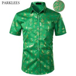 Ugly Mens Christmas Shirt Shiny Gold Xmas Print Mens Dress Shirts Short Sleeve Navidad Festival Party Holiday Chemise Green 210522