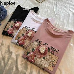 Neploe O Neck Flower Embroidery Pullover T Shirt Women Loose Causal Short Sleeve Tees Femme Summer New Cotton Top 1B271 210401